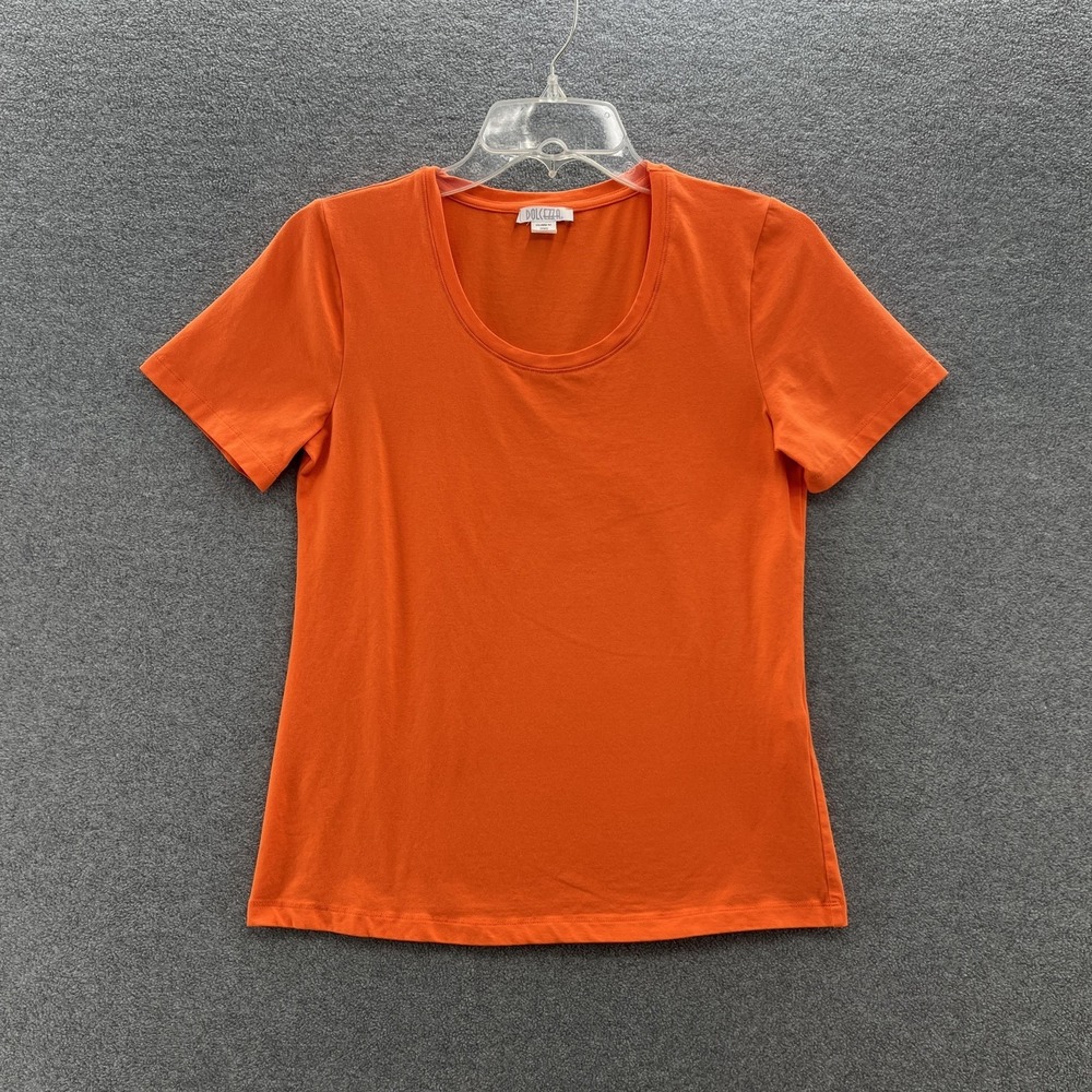 Dolcezza Shirt Women Small Orange Scoop Neck Short Sleeve Stretch Knit Top Tee